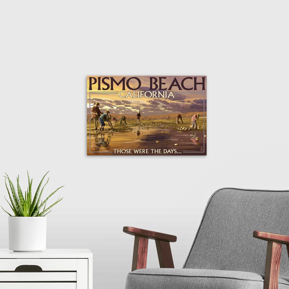 A modern room featuring Retro stylized art poster of a coastal scene, with people digging for clams.