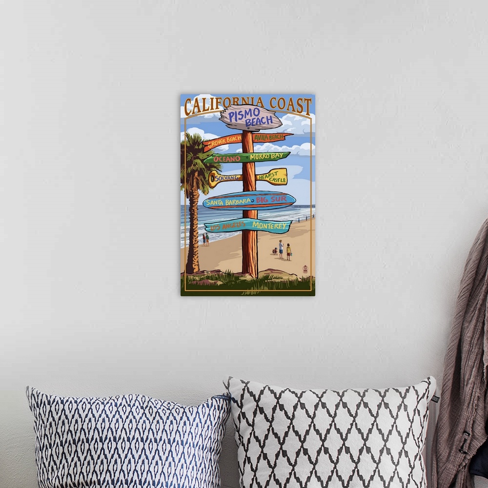A bohemian room featuring Pismo Beach, California - Destination Sign: Retro Travel Poster