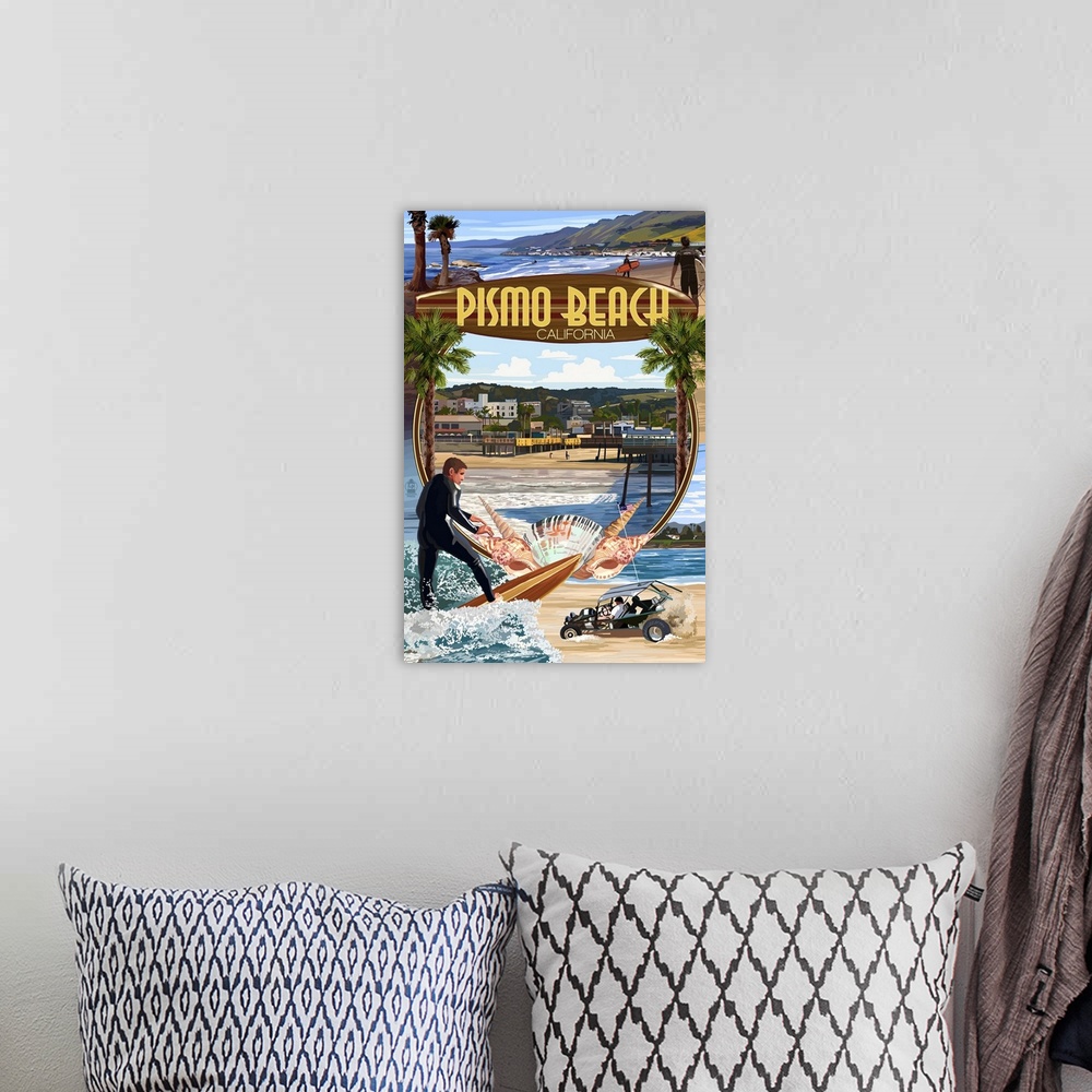 A bohemian room featuring Retro stylized art poster of a montage of scenes from a coastal town.