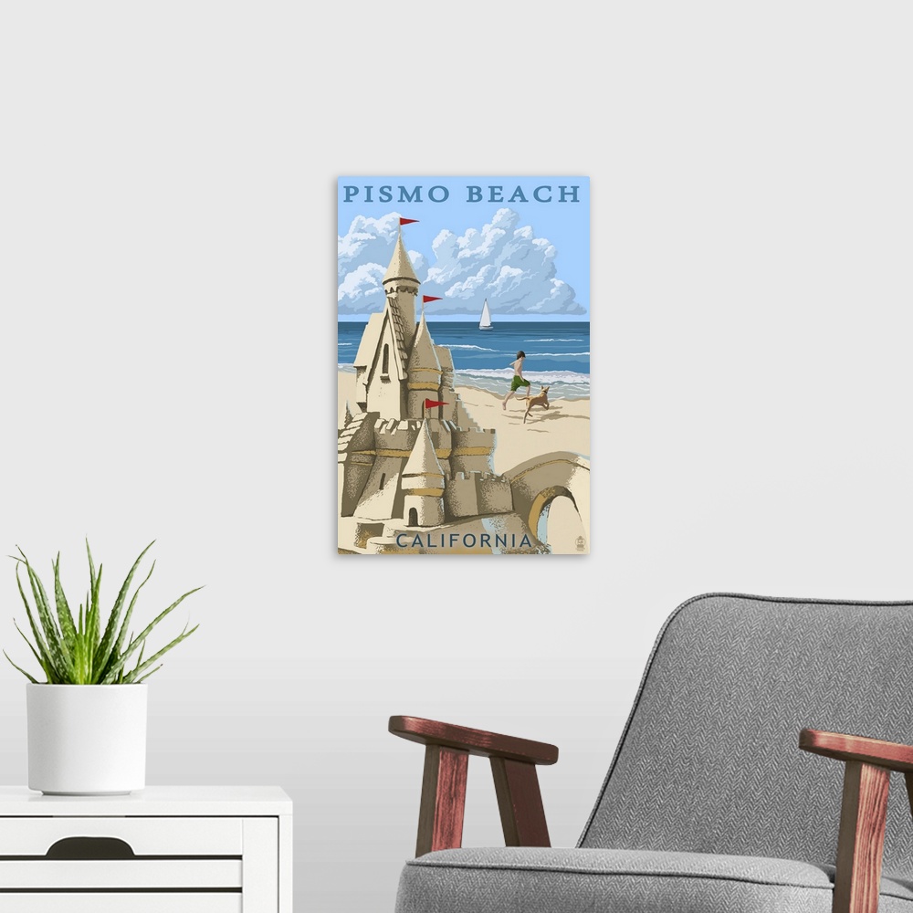 A modern room featuring Pismo Beach, California - Sandcastle: Retro Travel Poster