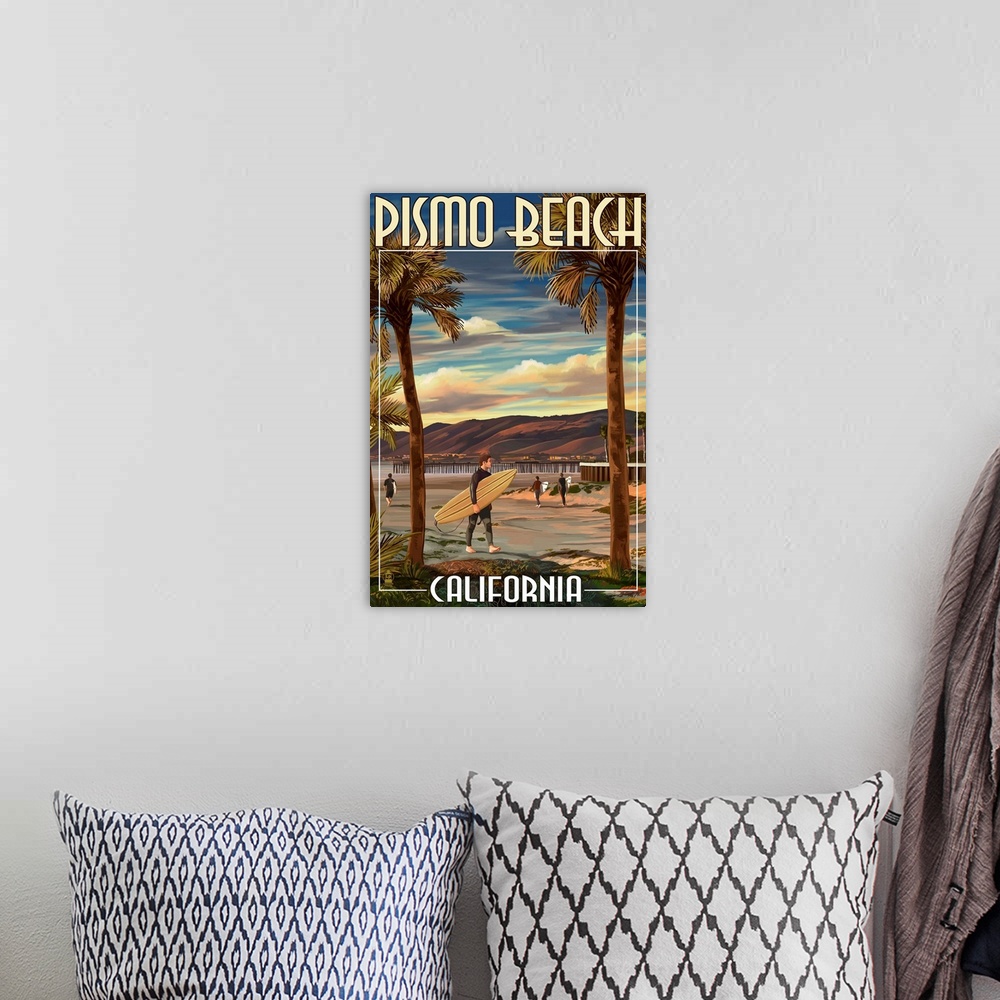 A bohemian room featuring Retro stylized art poster of a surfer holding a surfboard on a beach at sunset. With tall palm tr...