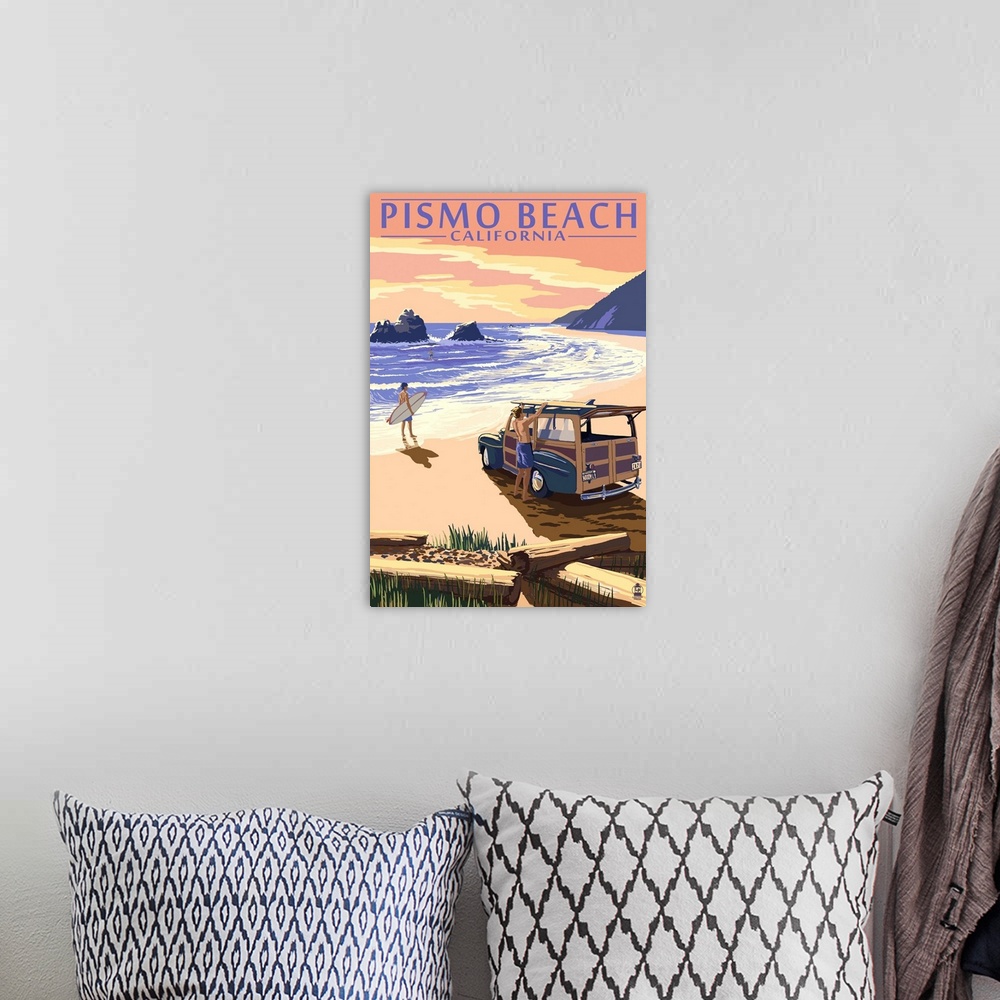 A bohemian room featuring Retro stylized art poster of two people and a vintage car on  a beach sunset with surfboards.