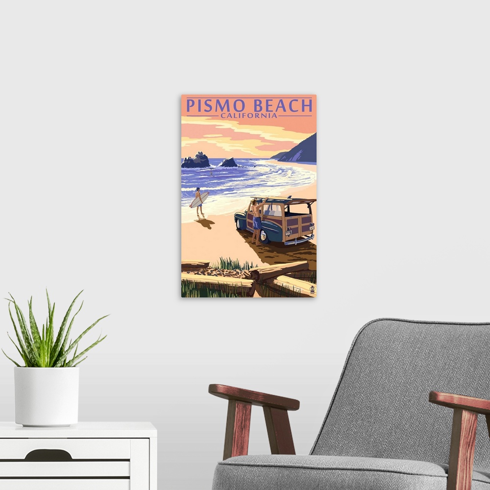A modern room featuring Retro stylized art poster of two people and a vintage car on  a beach sunset with surfboards.