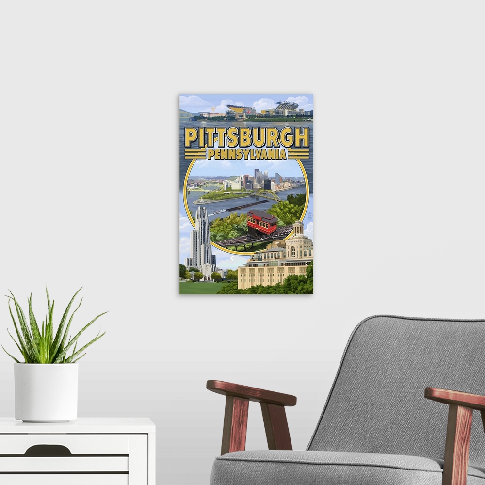 A modern room featuring Pittsburgh, Pennsylvania - Montage Scenes: Retro Travel Poster