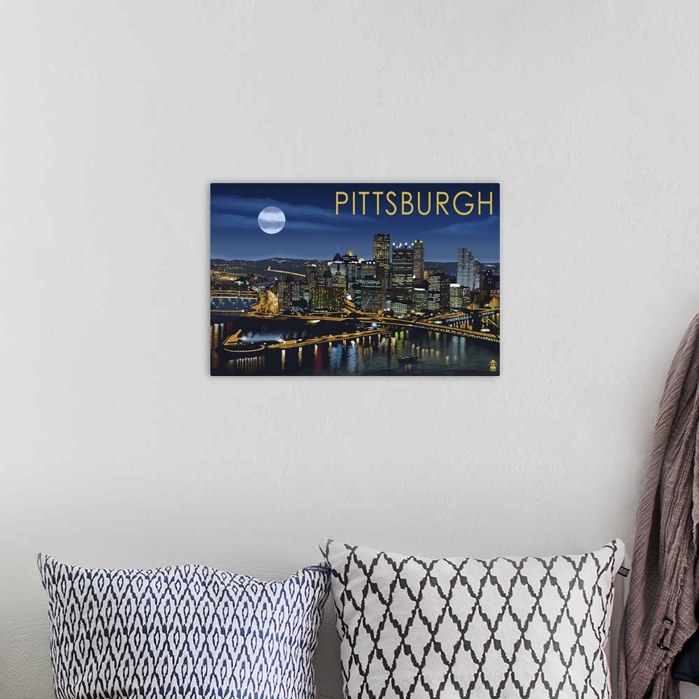 A bohemian room featuring Pittsburgh, Pennsylvania - Skyline at Night: Retro Travel Poster