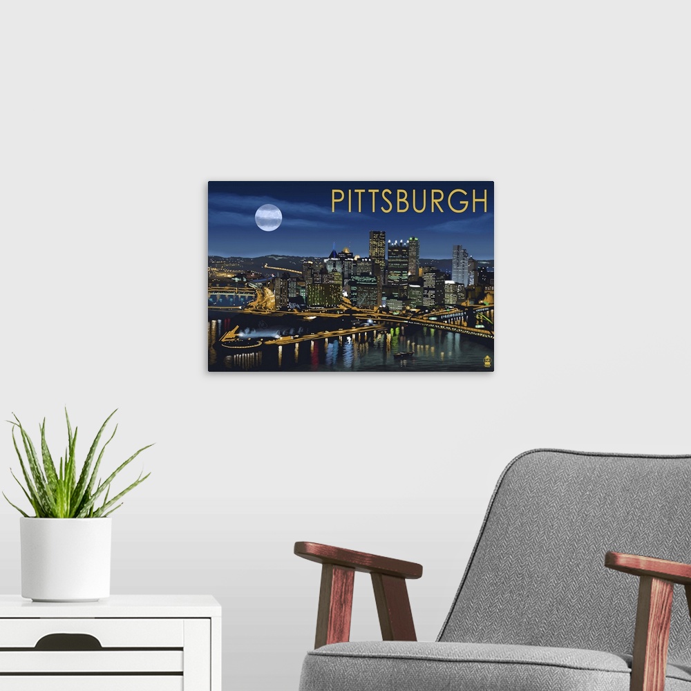 A modern room featuring Pittsburgh, Pennsylvania - Skyline at Night: Retro Travel Poster