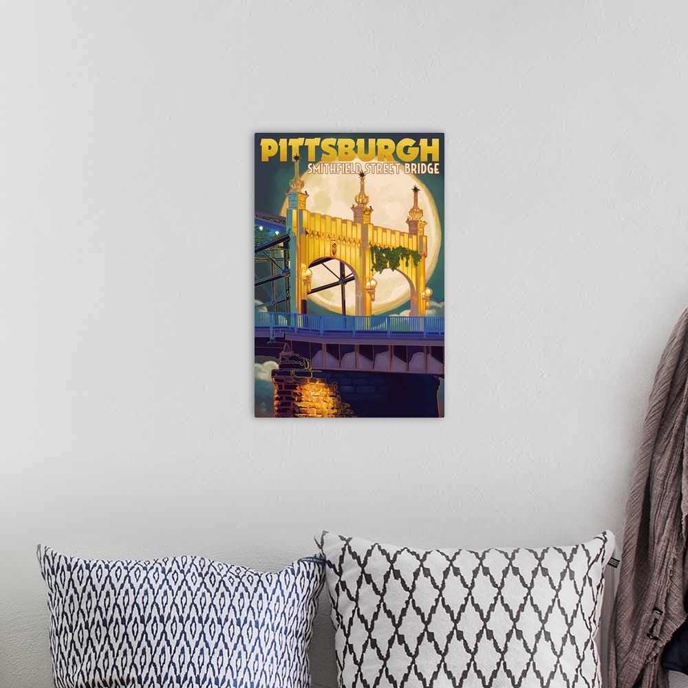 A bohemian room featuring Pittsburgh, Pennsylvania - Smithfield St. Bridge and Moon: Retro Travel Poster
