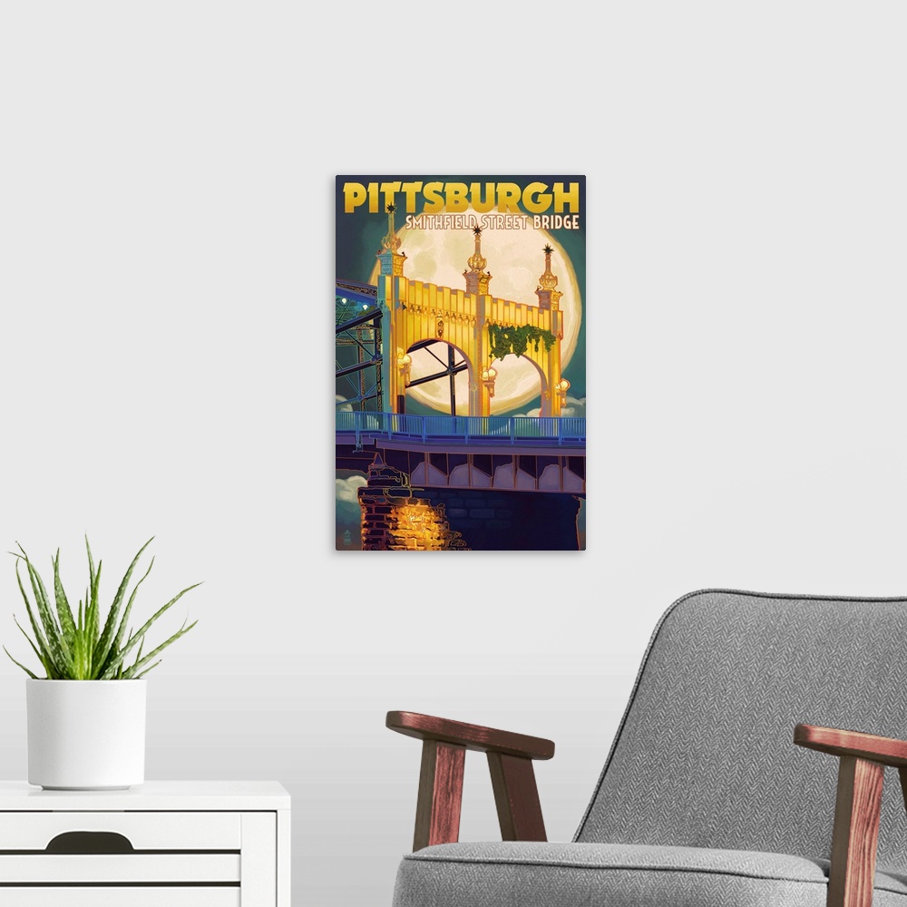 A modern room featuring Pittsburgh, Pennsylvania - Smithfield St. Bridge and Moon: Retro Travel Poster