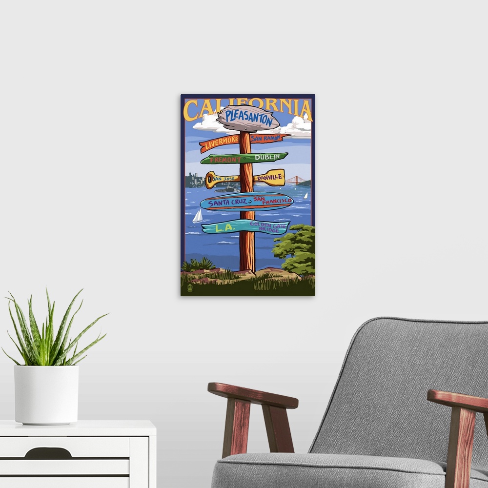 A modern room featuring Pleasanton, California - Destination Sign: Retro Travel Poster