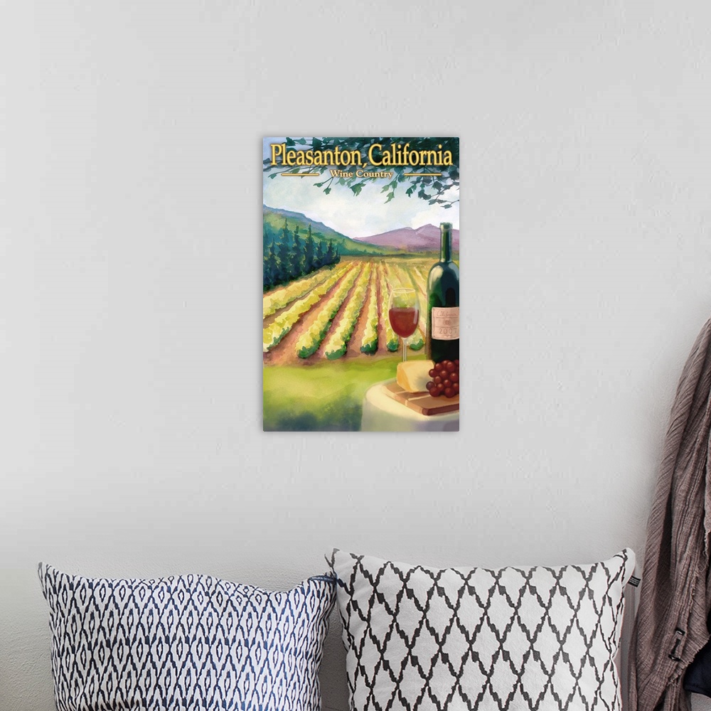 A bohemian room featuring Pleasanton, California Wine Country: Retro Travel Poster