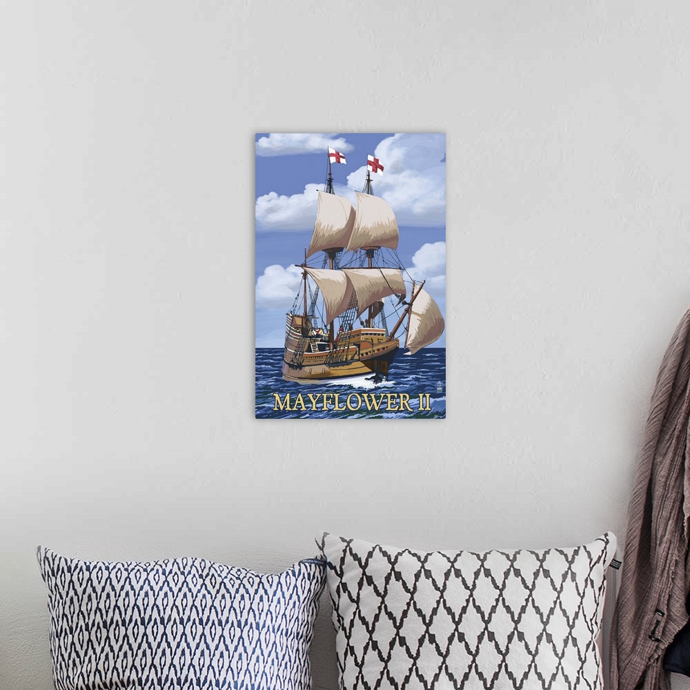 A bohemian room featuring Plimoth Plantation, Massachusetts - Mayflower II: Retro Travel Poster