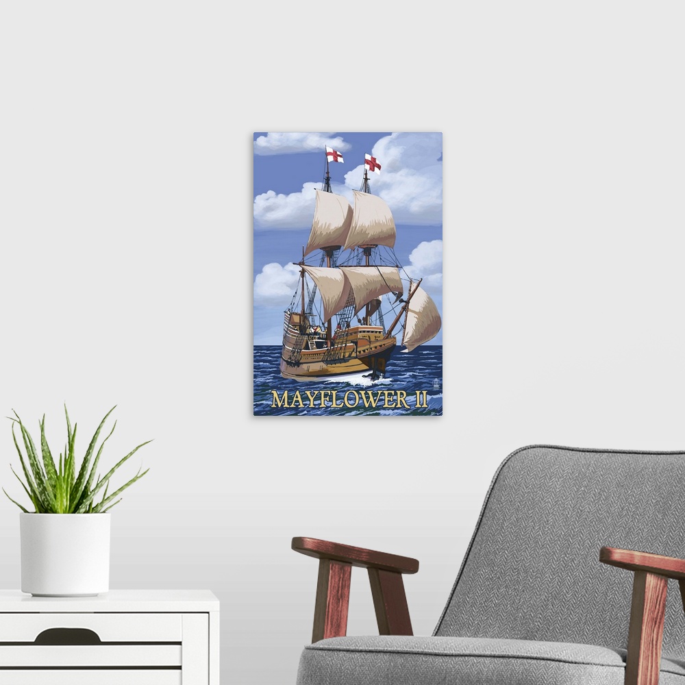 A modern room featuring Plimoth Plantation, Massachusetts - Mayflower II: Retro Travel Poster