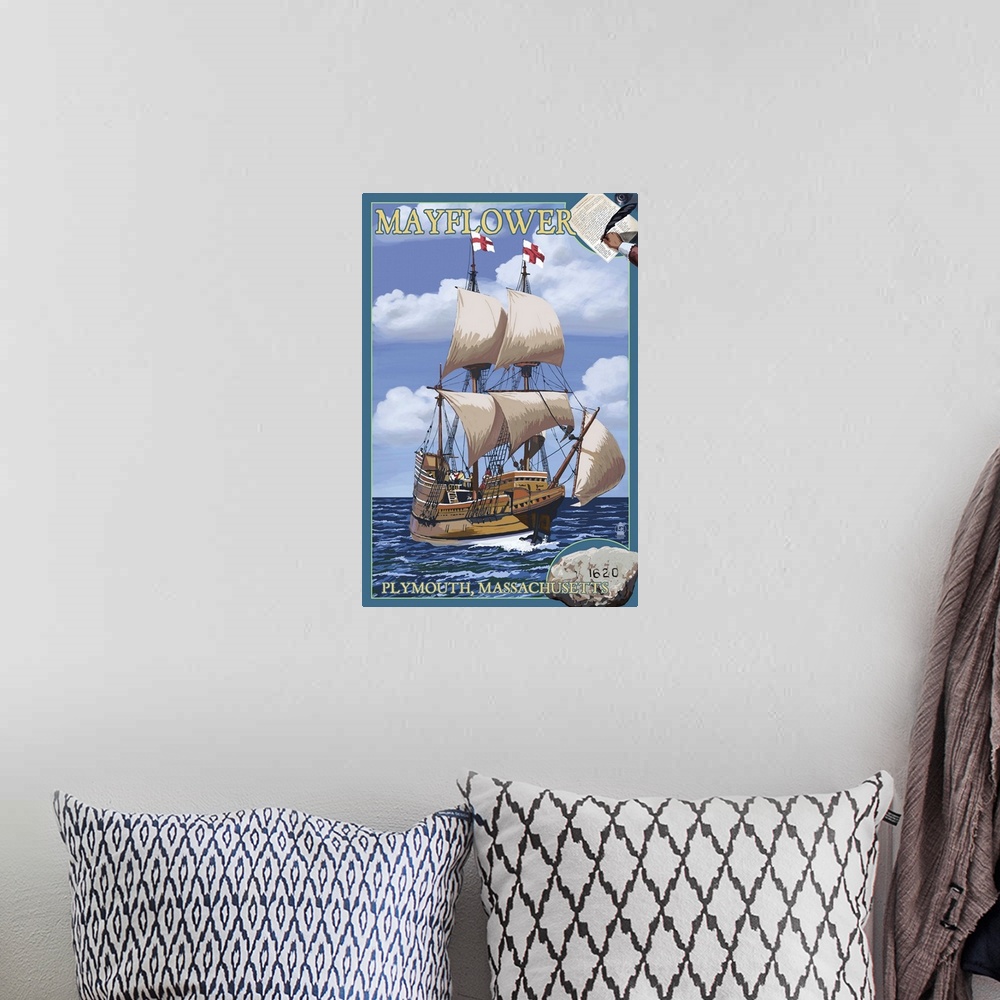 A bohemian room featuring Plymouth, Massachusetts - Mayflower: Retro Travel Poster