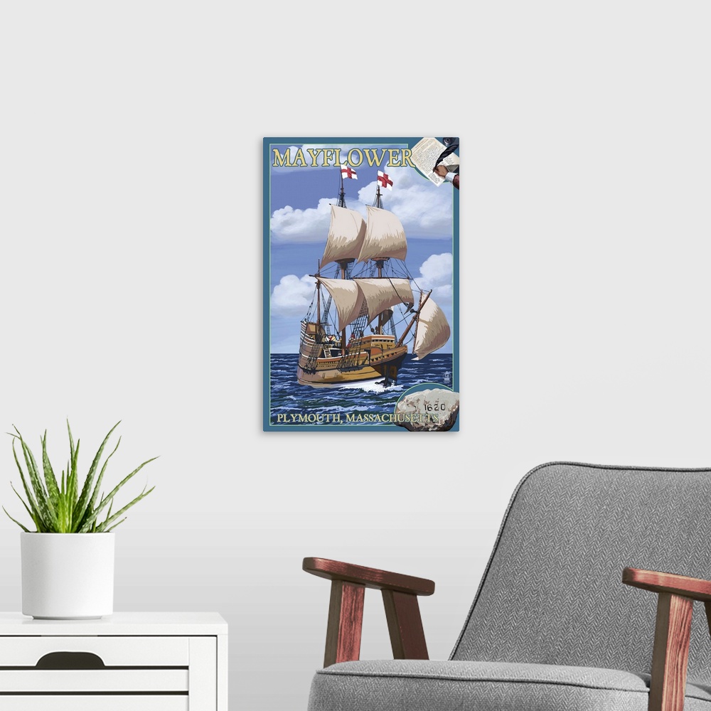 A modern room featuring Plymouth, Massachusetts - Mayflower: Retro Travel Poster