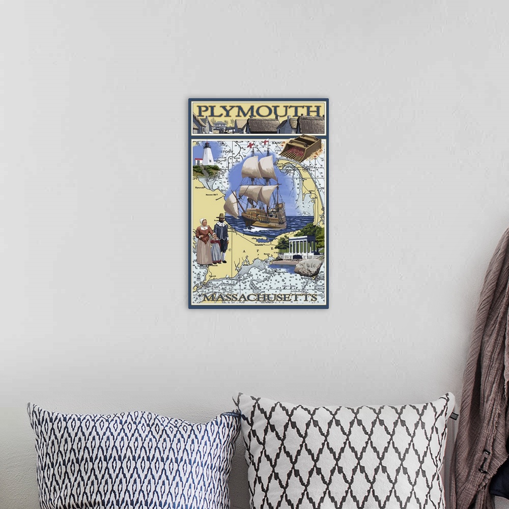 A bohemian room featuring Plymouth, Massachusetts - Nautical Chart: Retro Travel Poster