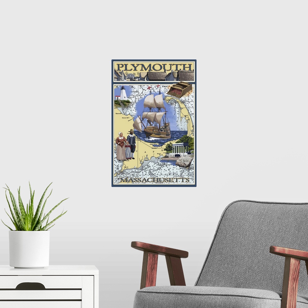 A modern room featuring Plymouth, Massachusetts - Nautical Chart: Retro Travel Poster