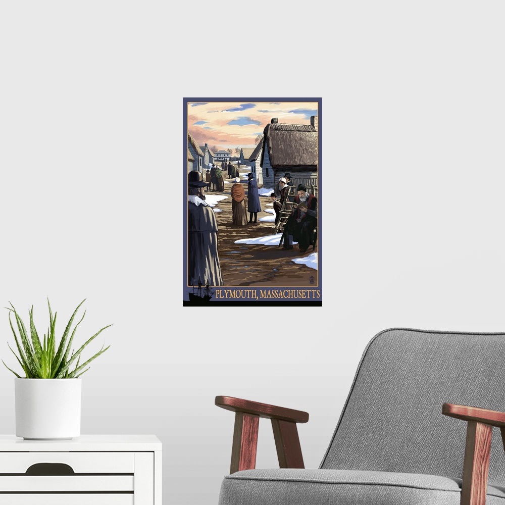 A modern room featuring Plymouth, Massachusetts - Pilgrims going to Church: Retro Travel Poster