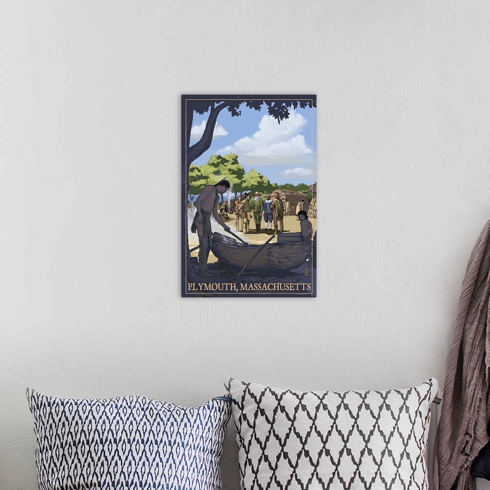 A bohemian room featuring Plymouth, Massachusetts - Wampanoag Village: Retro Travel Poster