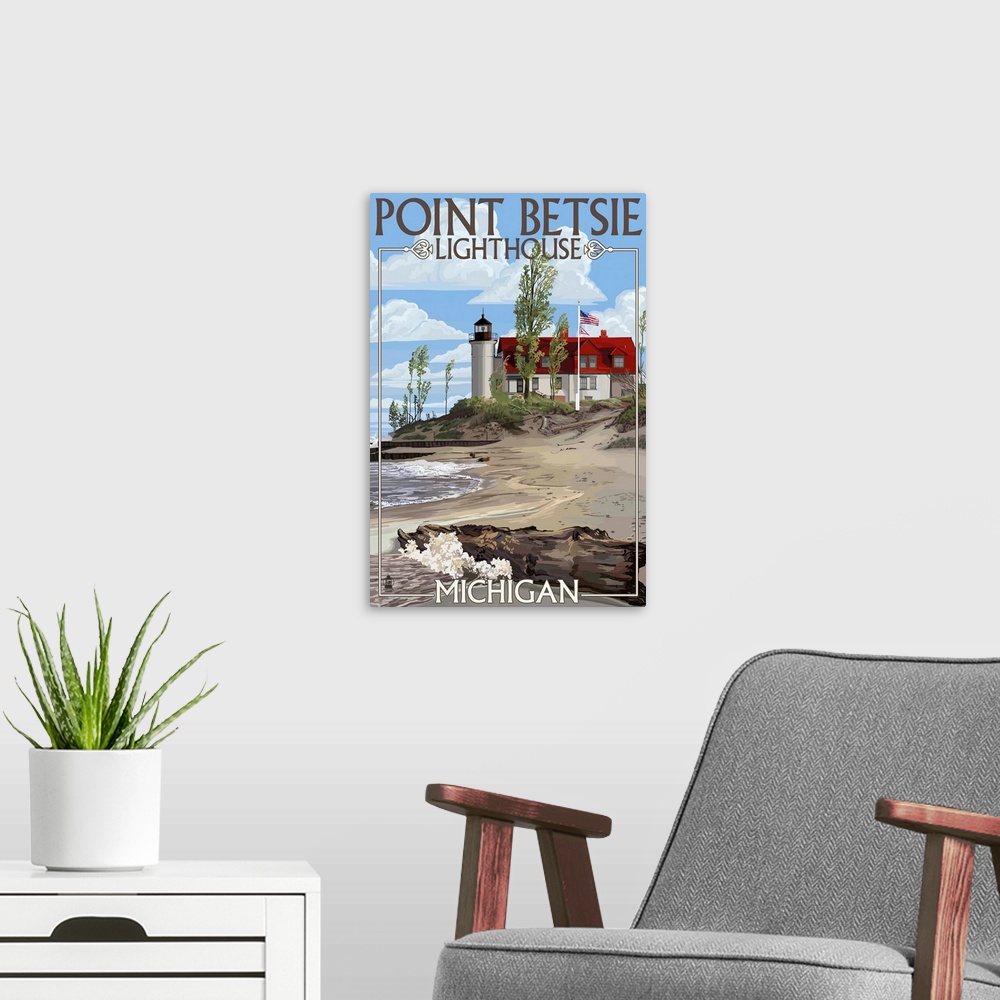 A modern room featuring Retro stylized art poster of a lighthouse on a sandy coastline. With a large piece of driftwood i...