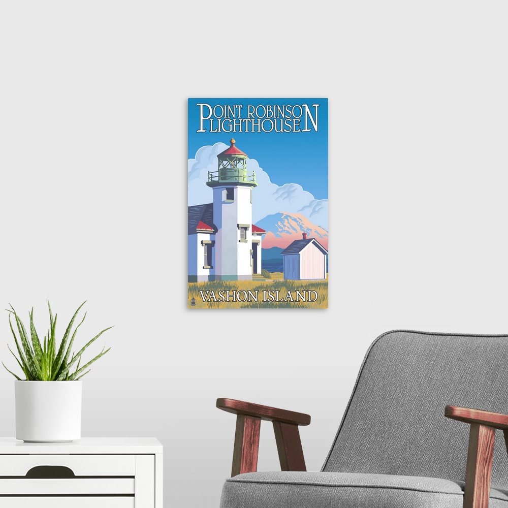 A modern room featuring Point Robinson Lighthouse - Vashon Island, WA: Retro Travel Poster