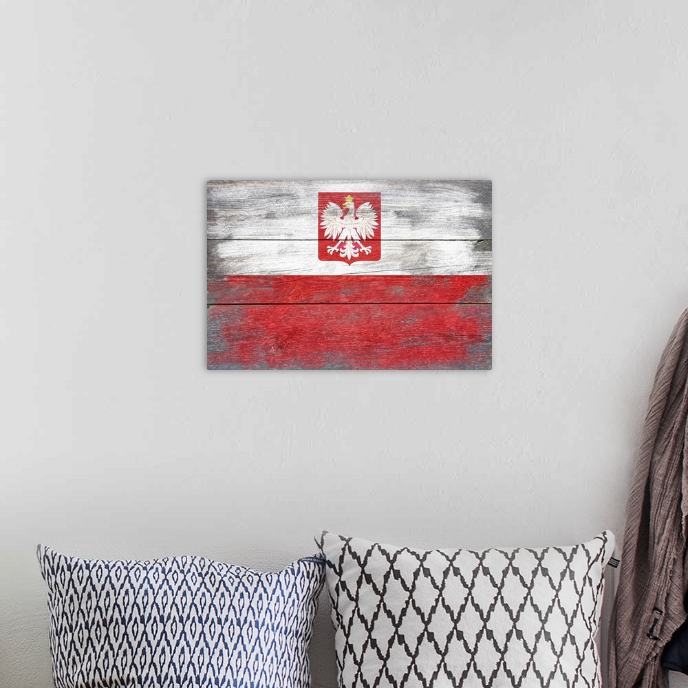 A bohemian room featuring The flag of Poland with a weathered wooden board effect.