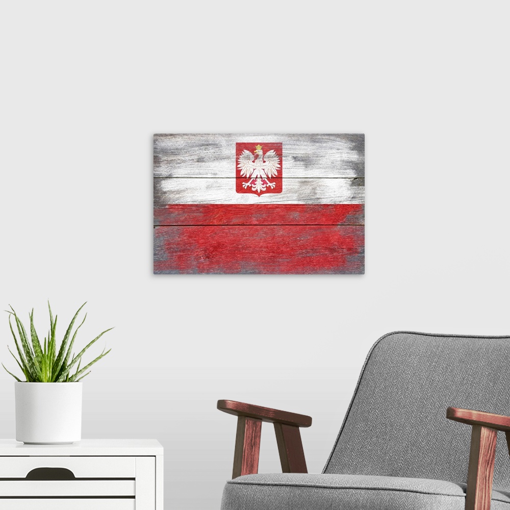 A modern room featuring The flag of Poland with a weathered wooden board effect.