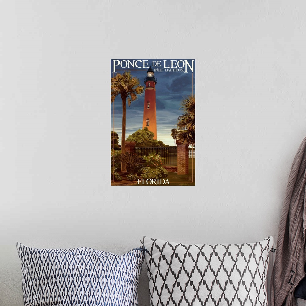 A bohemian room featuring Ponce De Leon Inlet Lighthouse, Florida - Dusk Scene: Retro Travel Poster