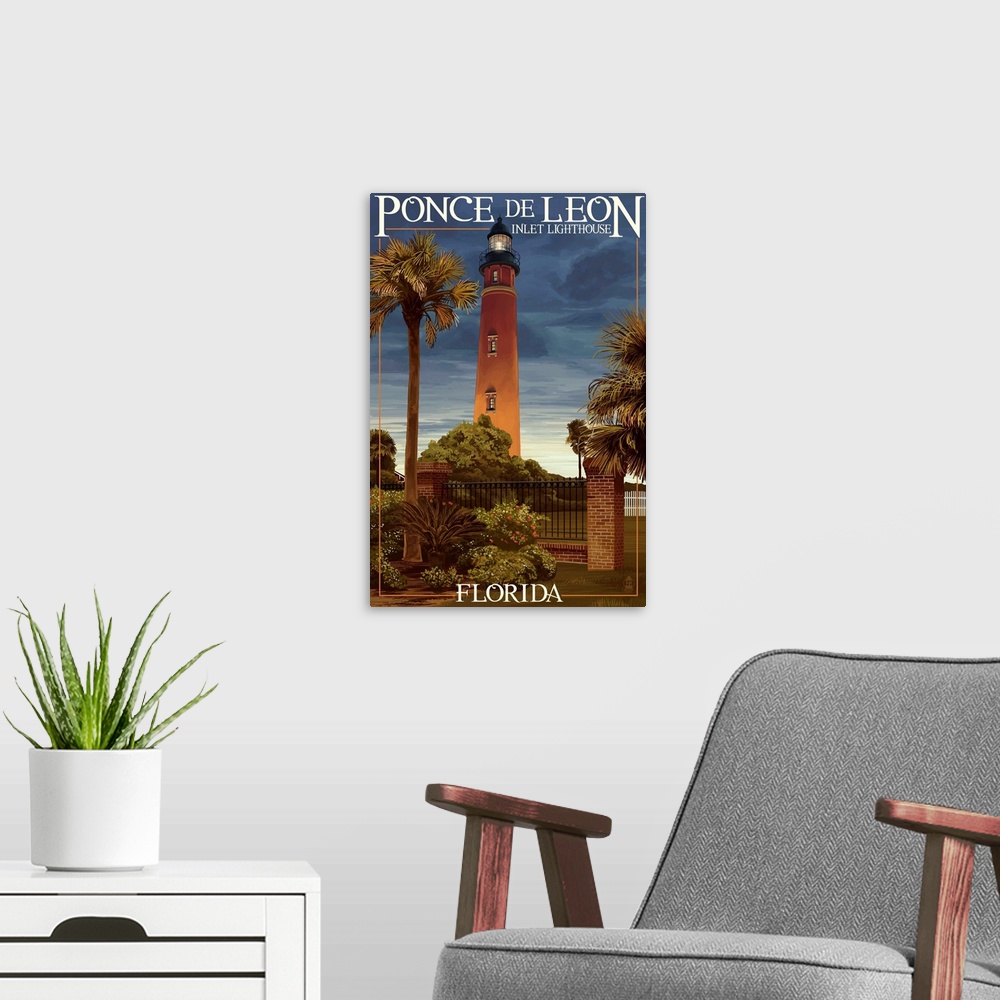 A modern room featuring Ponce De Leon Inlet Lighthouse, Florida - Dusk Scene: Retro Travel Poster