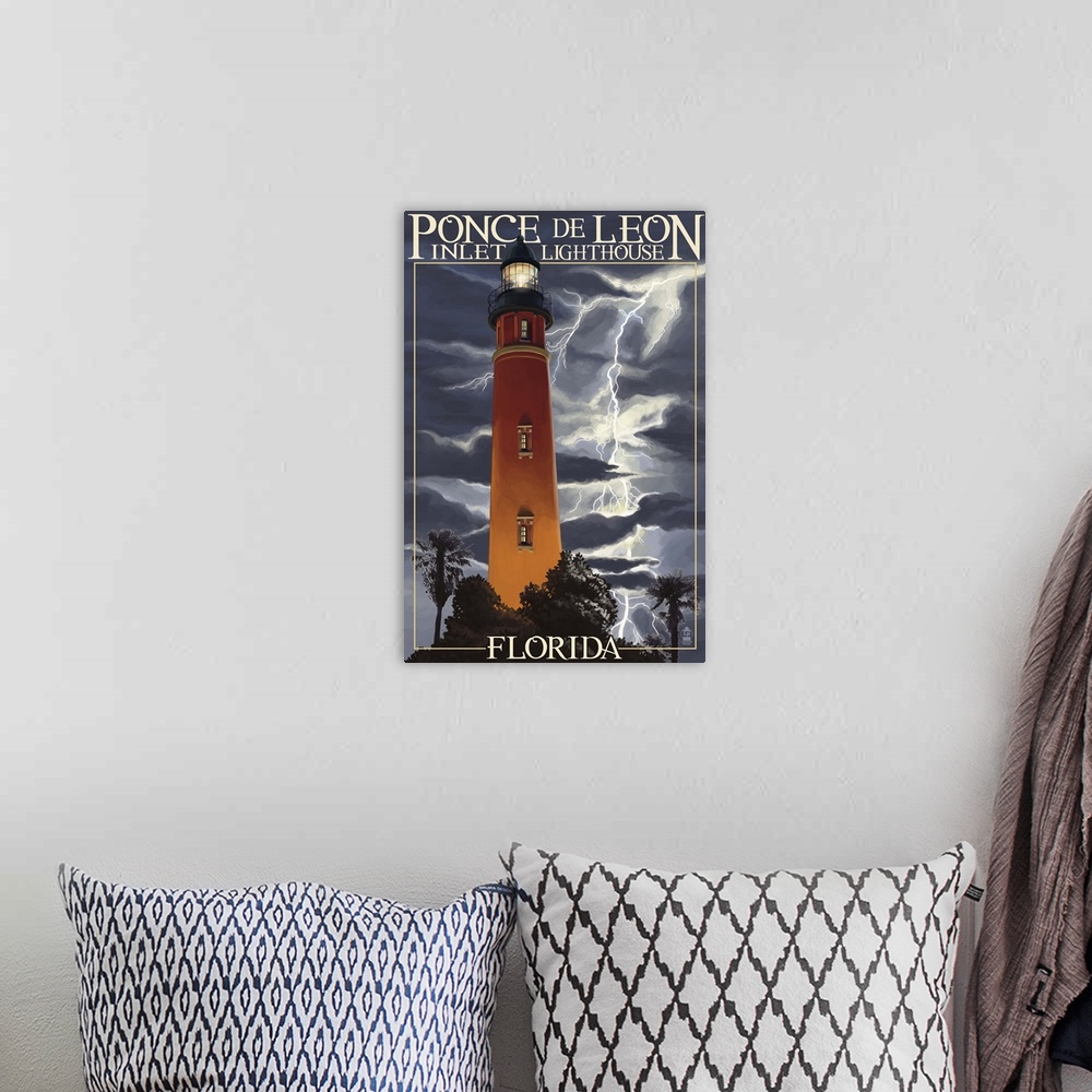 A bohemian room featuring Ponce De Leon Inlet Lighthouse, Florida - Lightning at Night: Retro Travel Poster