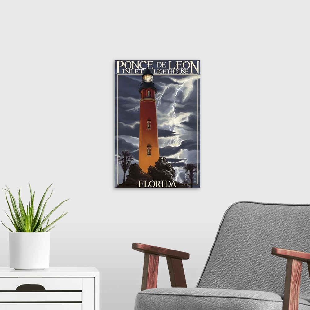 A modern room featuring Ponce De Leon Inlet Lighthouse, Florida - Lightning at Night: Retro Travel Poster