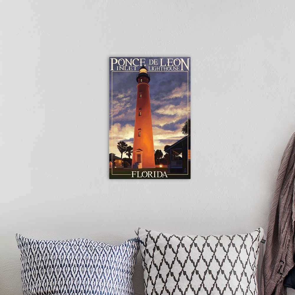 A bohemian room featuring Ponce De Leon Inlet Lighthouse, Florida - Morning Scene: Retro Travel Poster