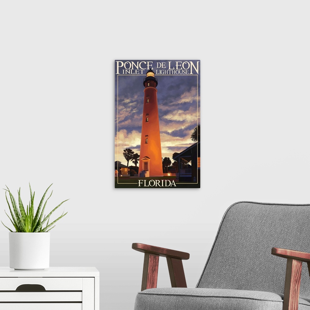 A modern room featuring Ponce De Leon Inlet Lighthouse, Florida - Morning Scene: Retro Travel Poster