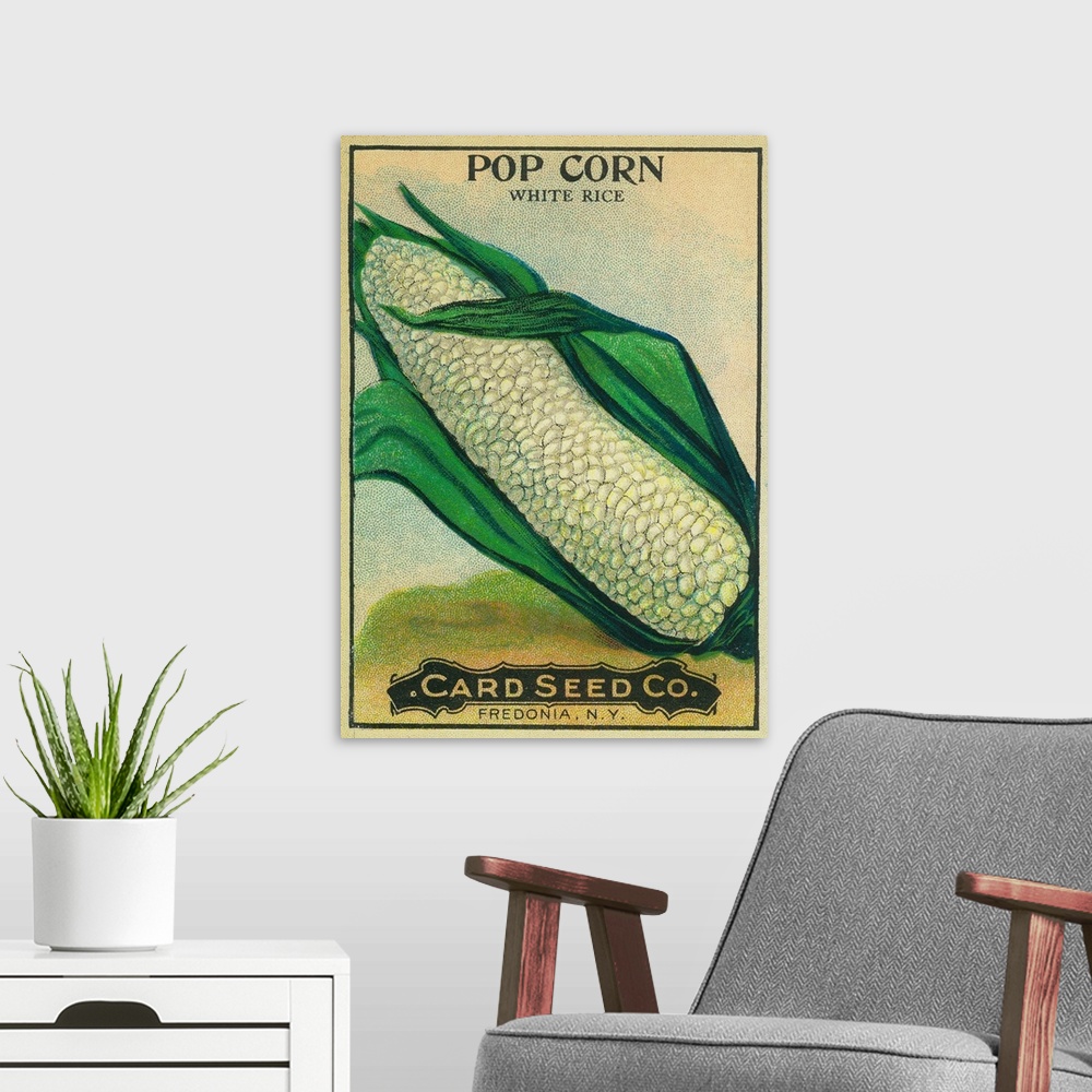 A modern room featuring A vintage label from a seed packet for corn.