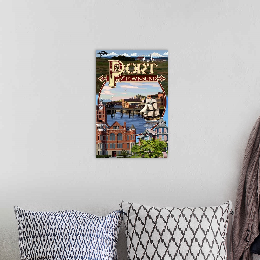 A bohemian room featuring Retro stylized art poster of montage of scenes of a historical town.