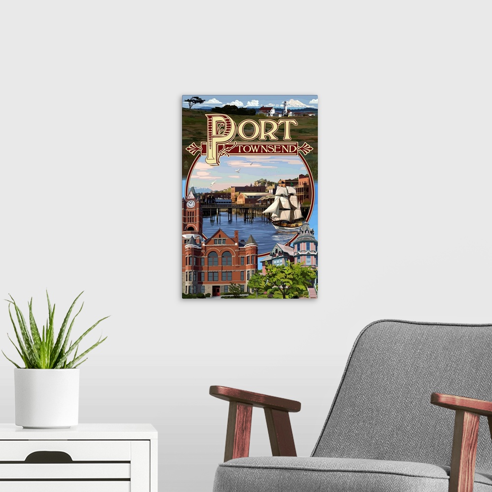 A modern room featuring Retro stylized art poster of montage of scenes of a historical town.