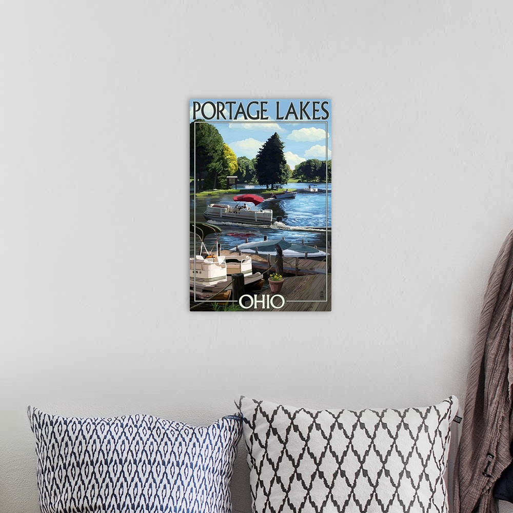 A bohemian room featuring Retro stylized art poster of a dock over a countryside lake, with boats.