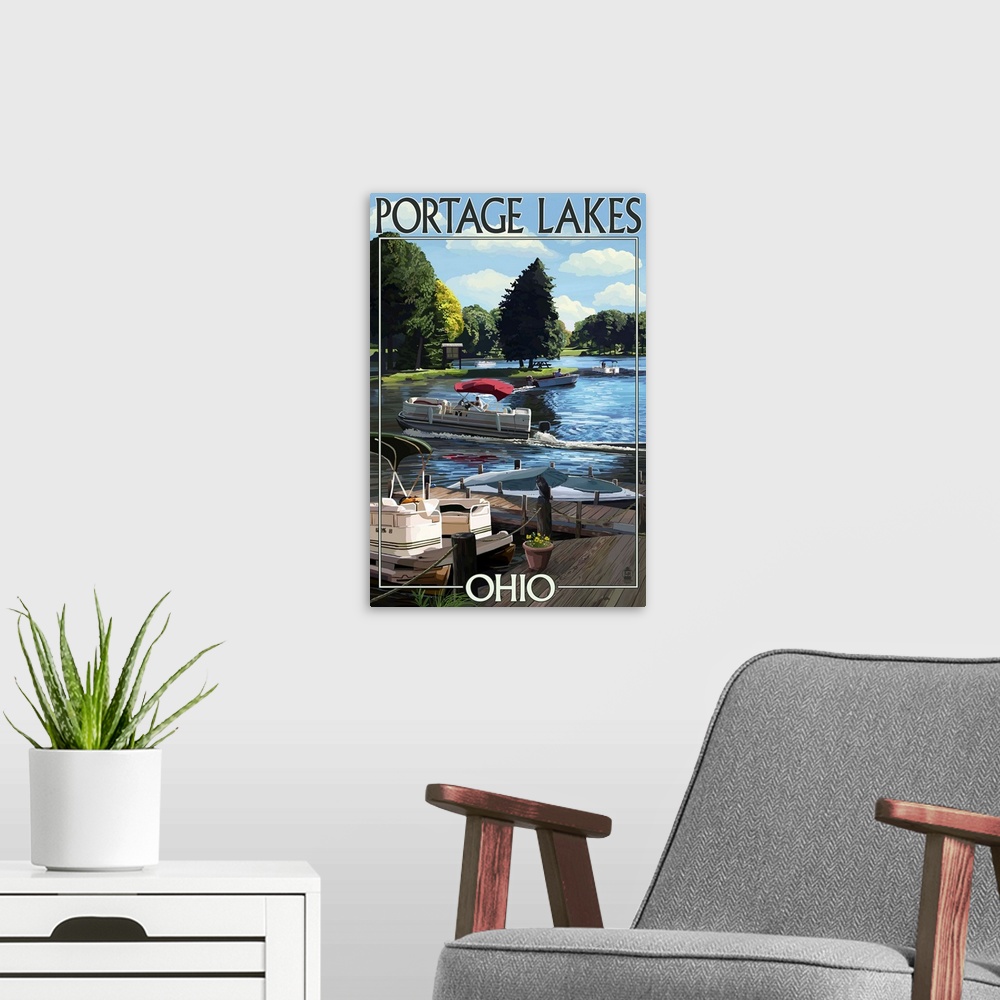 A modern room featuring Retro stylized art poster of a dock over a countryside lake, with boats.