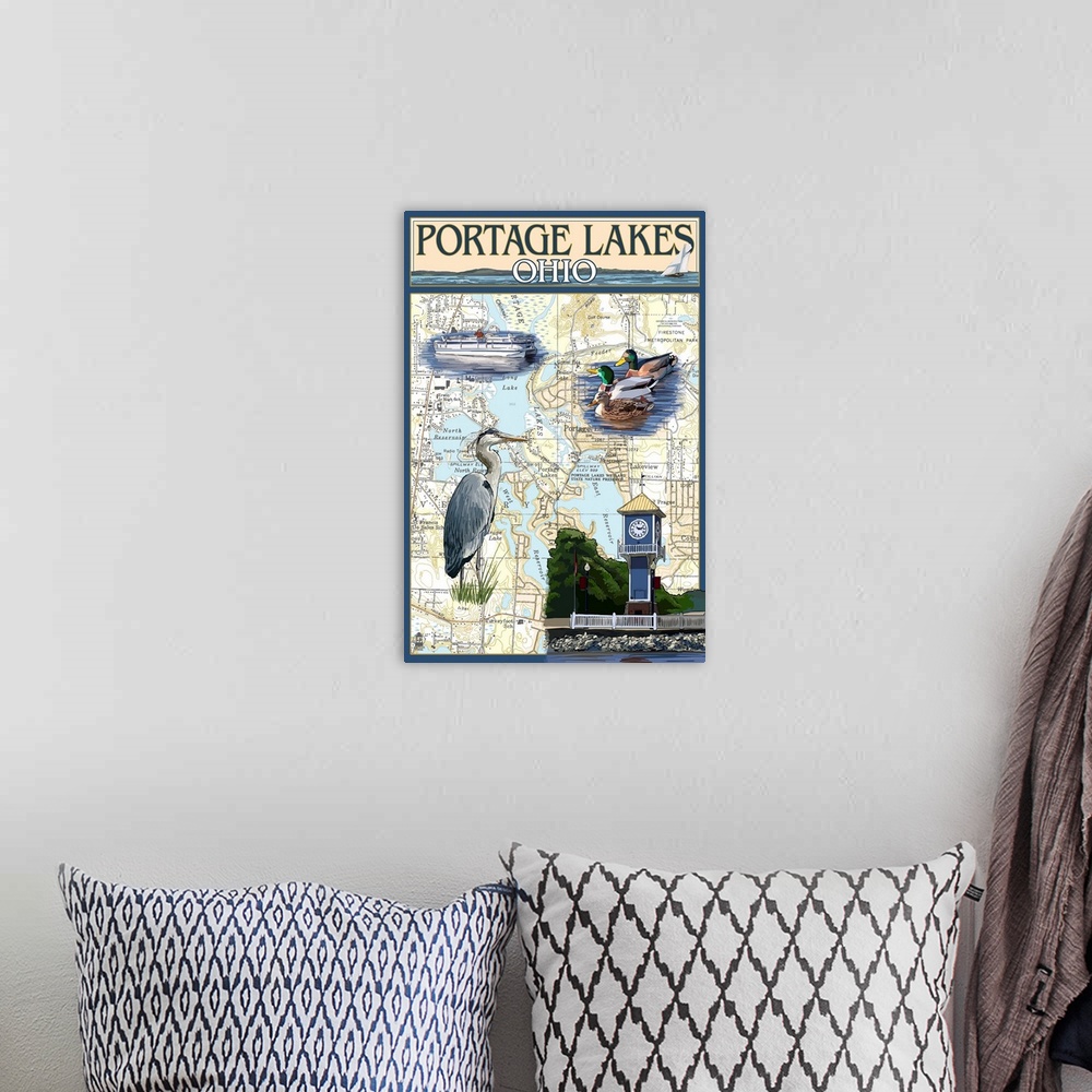 A bohemian room featuring Retro stylized art poster of a collage of images against the background of a map.