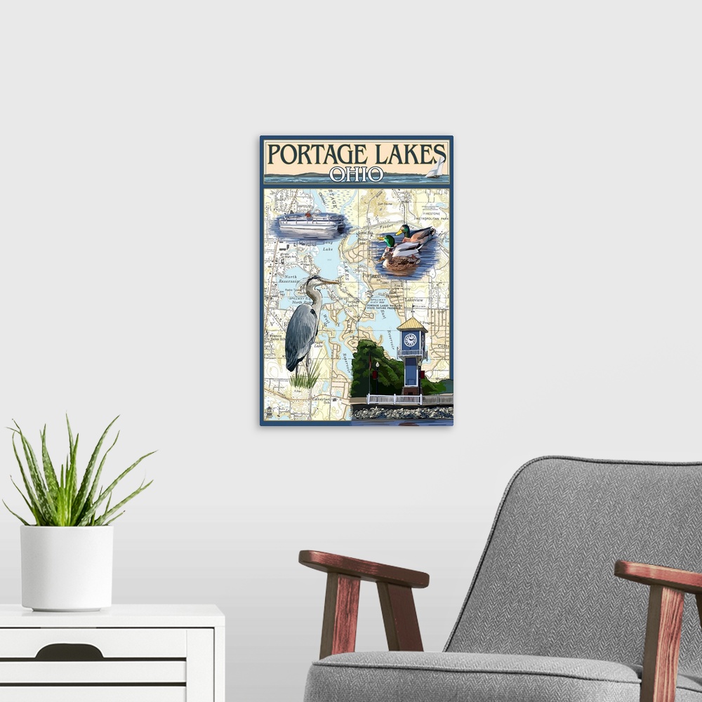 A modern room featuring Retro stylized art poster of a collage of images against the background of a map.