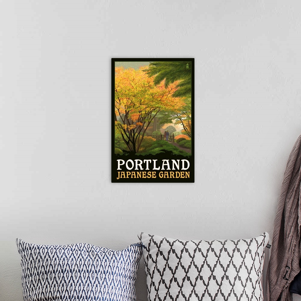 A bohemian room featuring Portland Japanese Garden - Bridge: Retro Travel Poster