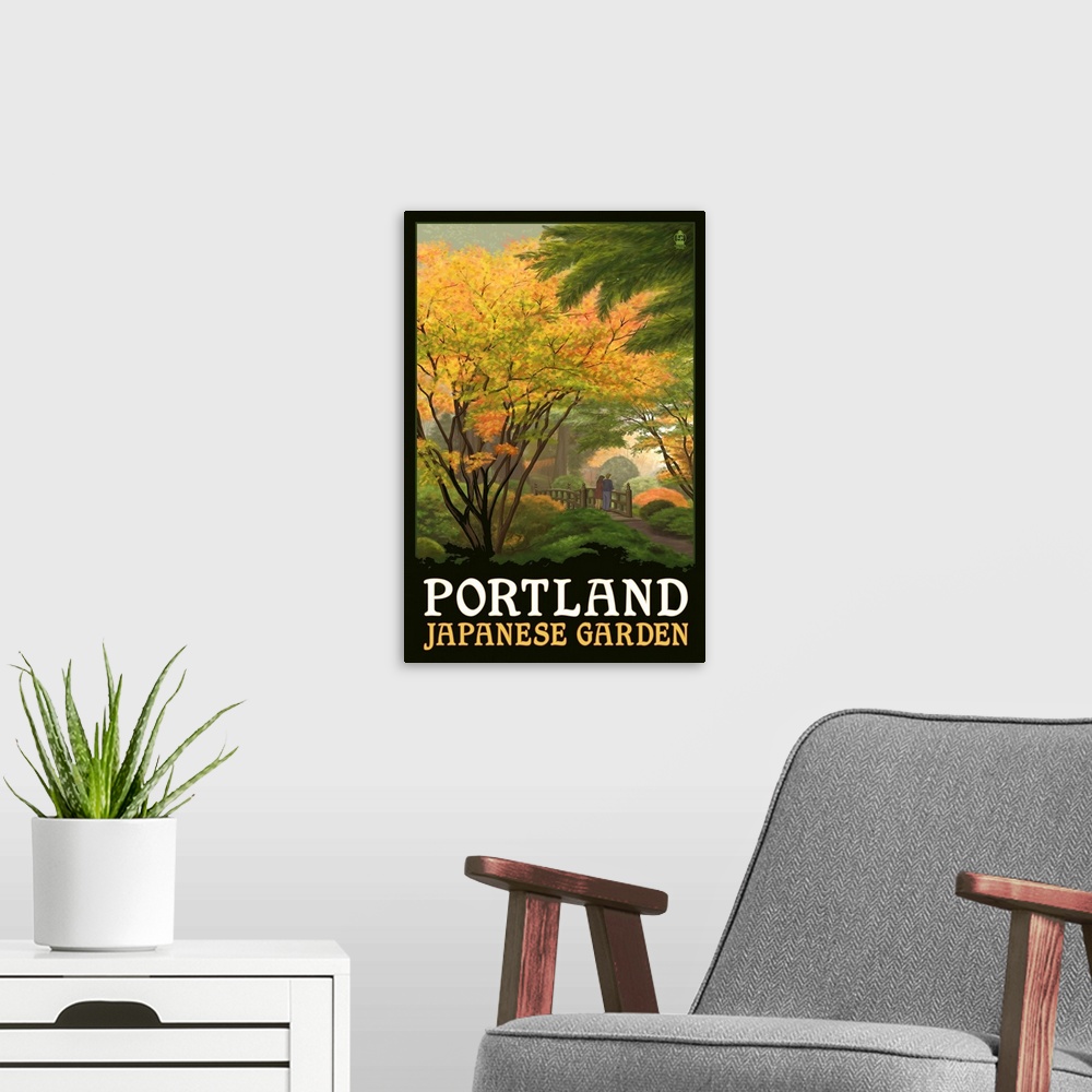 A modern room featuring Portland Japanese Garden - Bridge: Retro Travel Poster