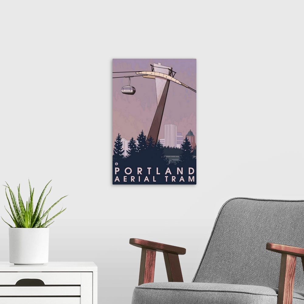 A modern room featuring Portland, Oregon - Aerial Tram: Retro Travel Poster