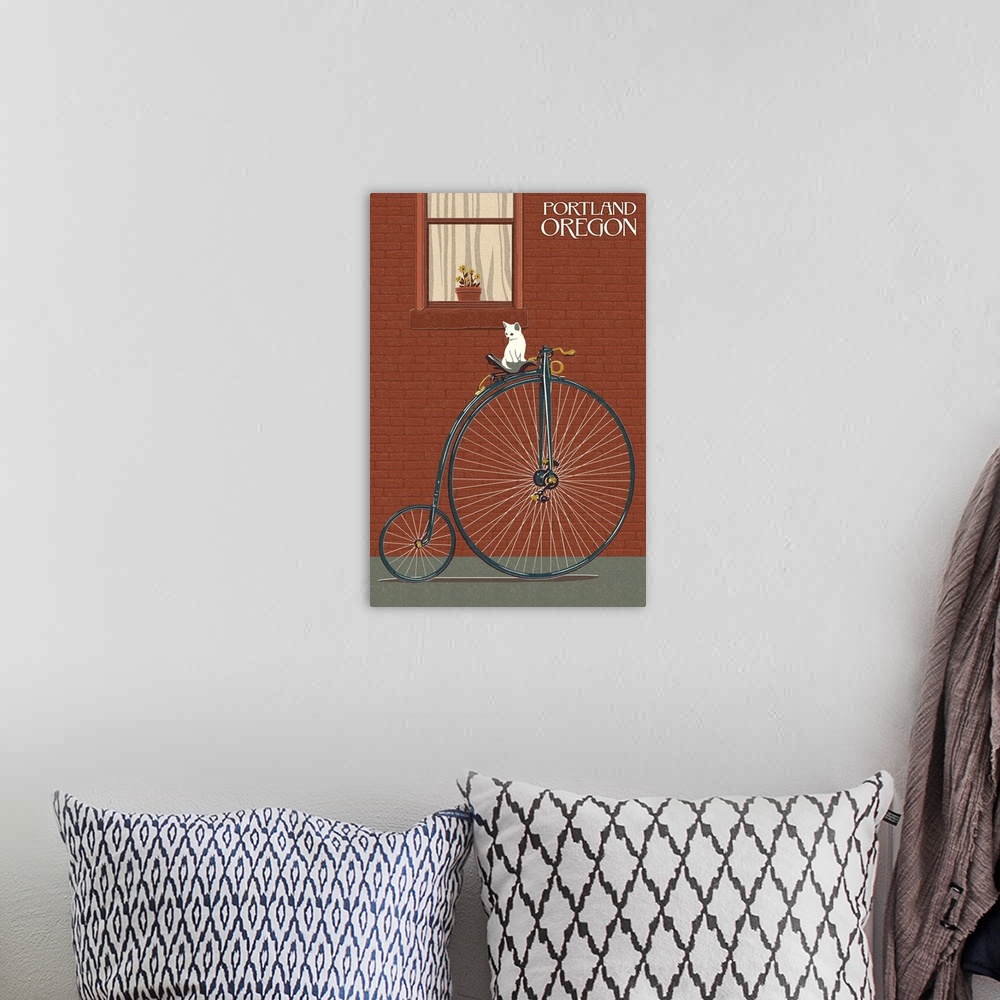 A bohemian room featuring Portland, Oregon - Bicycle and Cat Letterpress: Retro Travel Poster