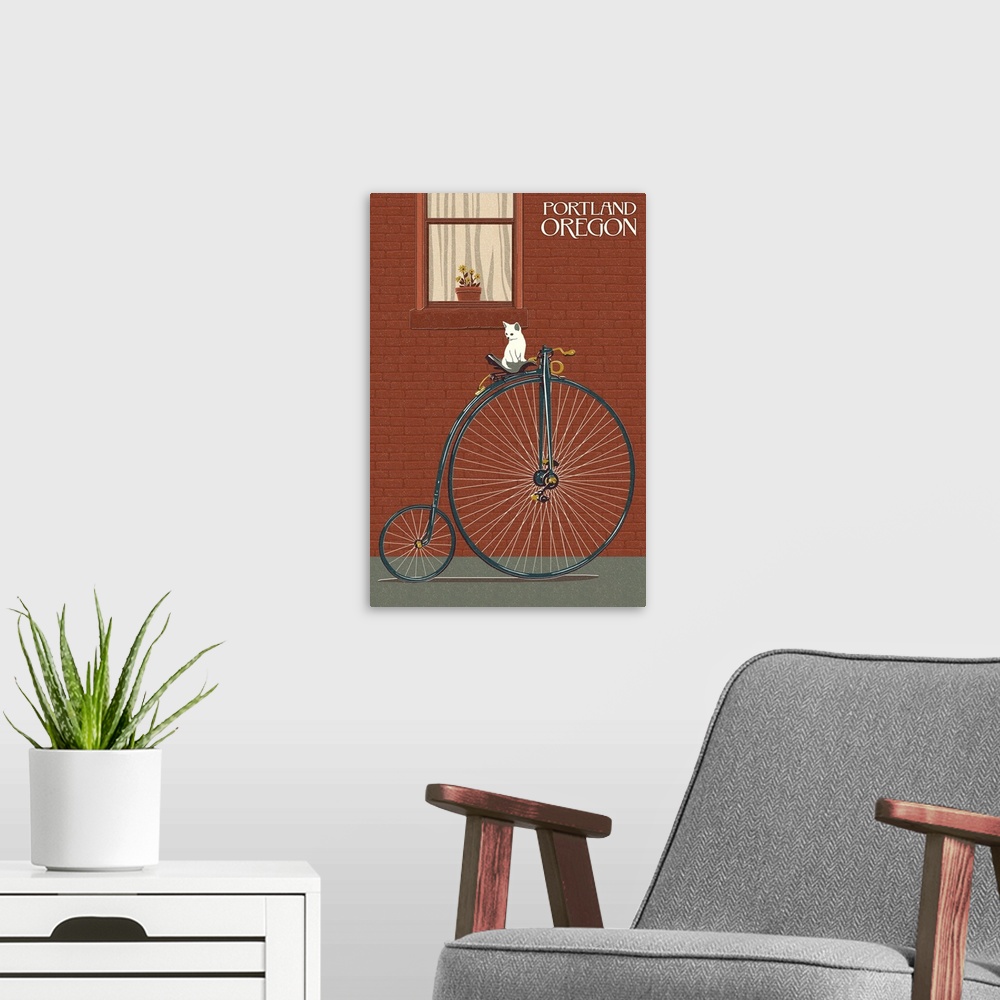 A modern room featuring Portland, Oregon - Bicycle and Cat Letterpress: Retro Travel Poster