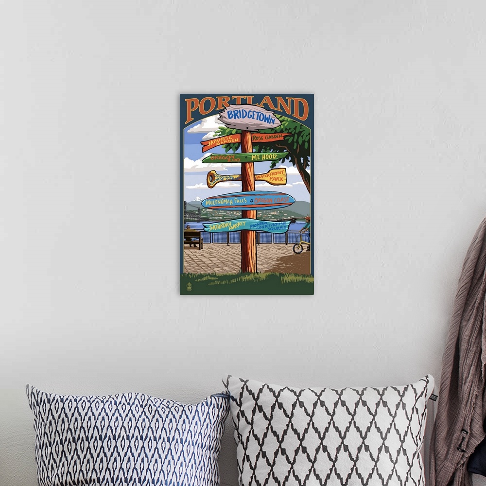 A bohemian room featuring Portland, Oregon Destinations Sign: Retro Travel Poster