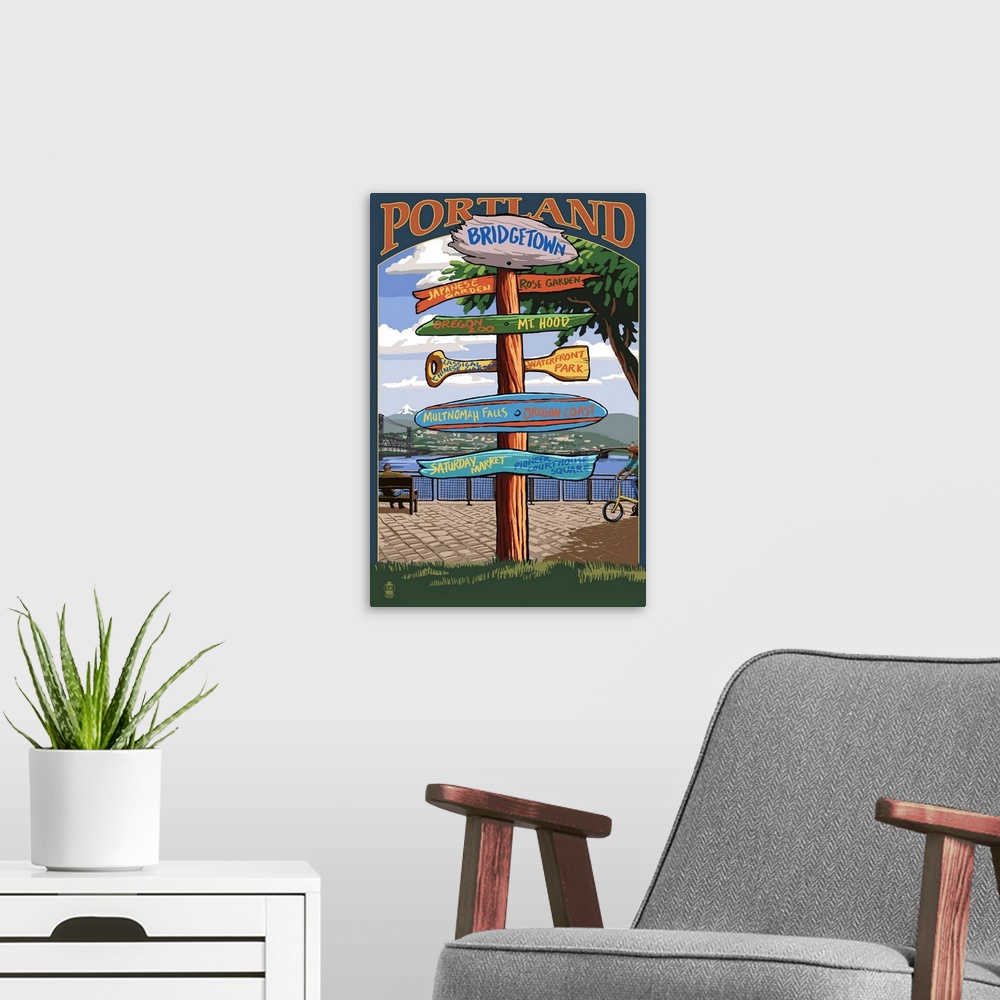 A modern room featuring Portland, Oregon Destinations Sign: Retro Travel Poster