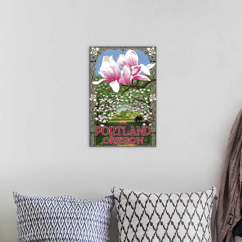 A bohemian room featuring Portland, Oregon - Garden and Magnolia Scene: Retro Travel Poster