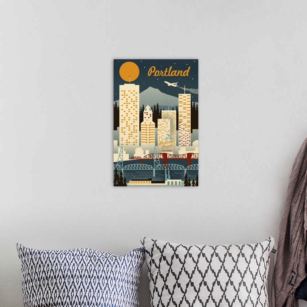 A bohemian room featuring Portland, Oregon - Retro Skyline: Retro Travel Poster