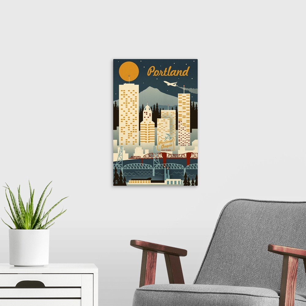 A modern room featuring Portland, Oregon - Retro Skyline: Retro Travel Poster
