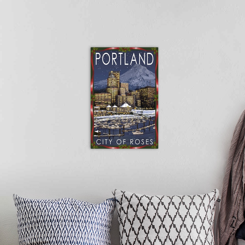 A bohemian room featuring Portland, Oregon - Skyline at Night - Christmas Version: Retro Travel Poster